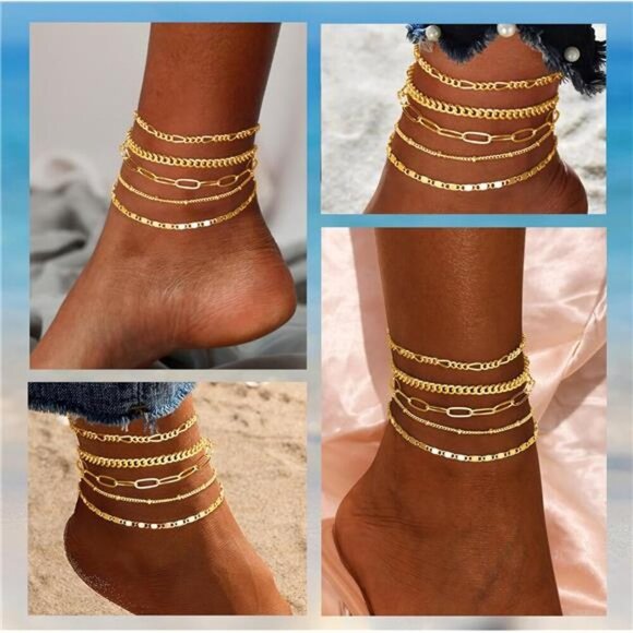Gold Anklet Set for Women Layered Cuban Figaro Paperclip Waterproof Jewelry - Picture 5 of 7